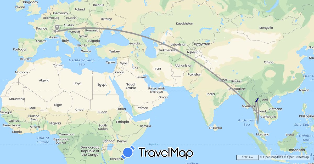 TravelMap itinerary: driving, plane, boat in Italy, Laos, Thailand (Asia, Europe)